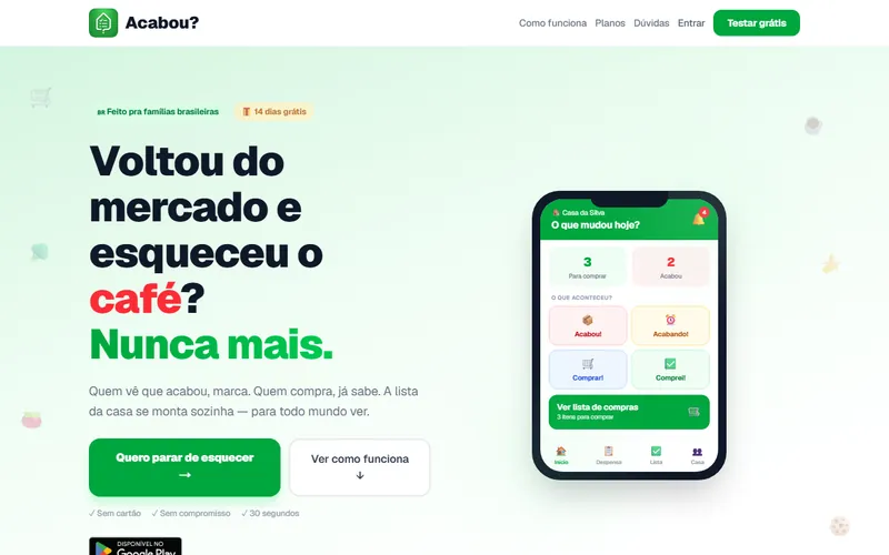 Página inicial do site do aplicativo Acabou?