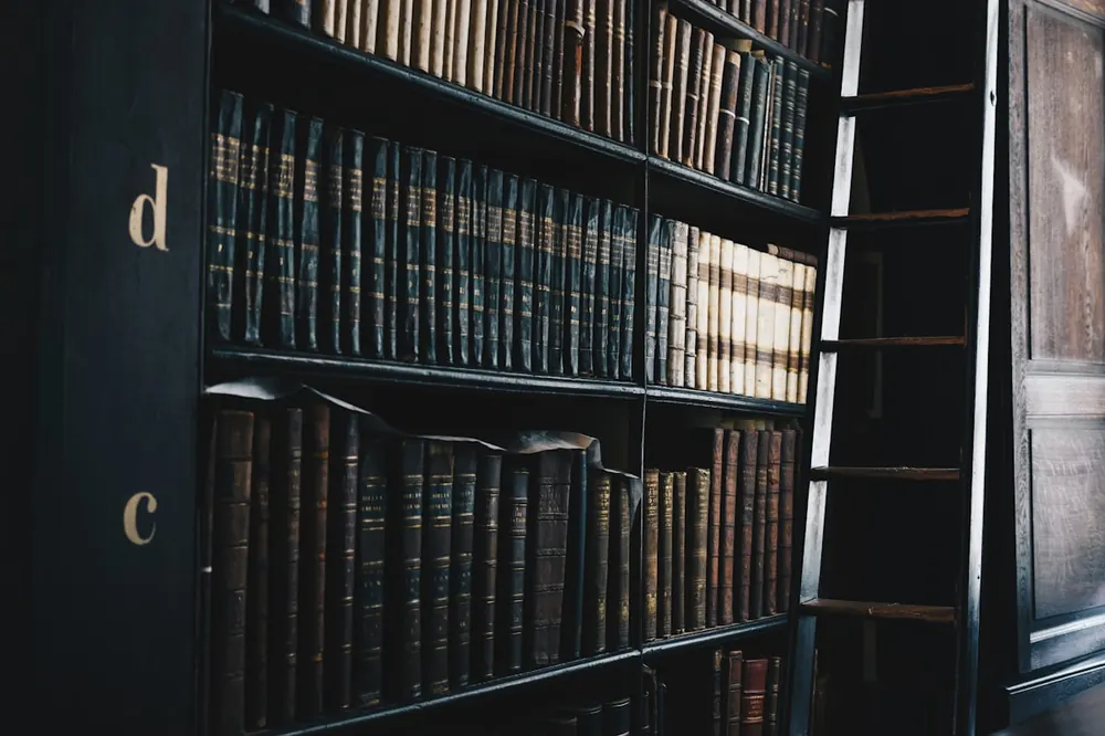 Biblioteca jurídica com estantes de madeira
